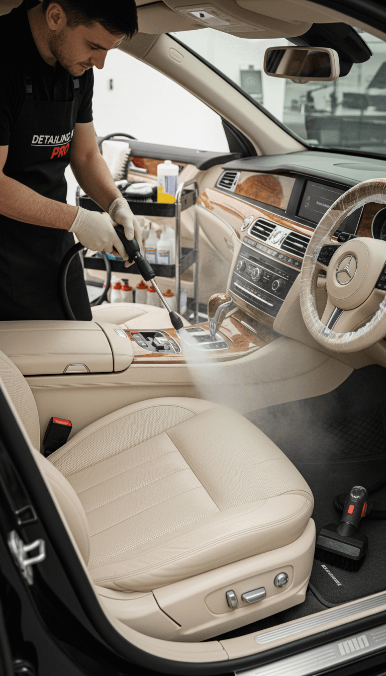 Interior car detailing with professional cleaning equipment