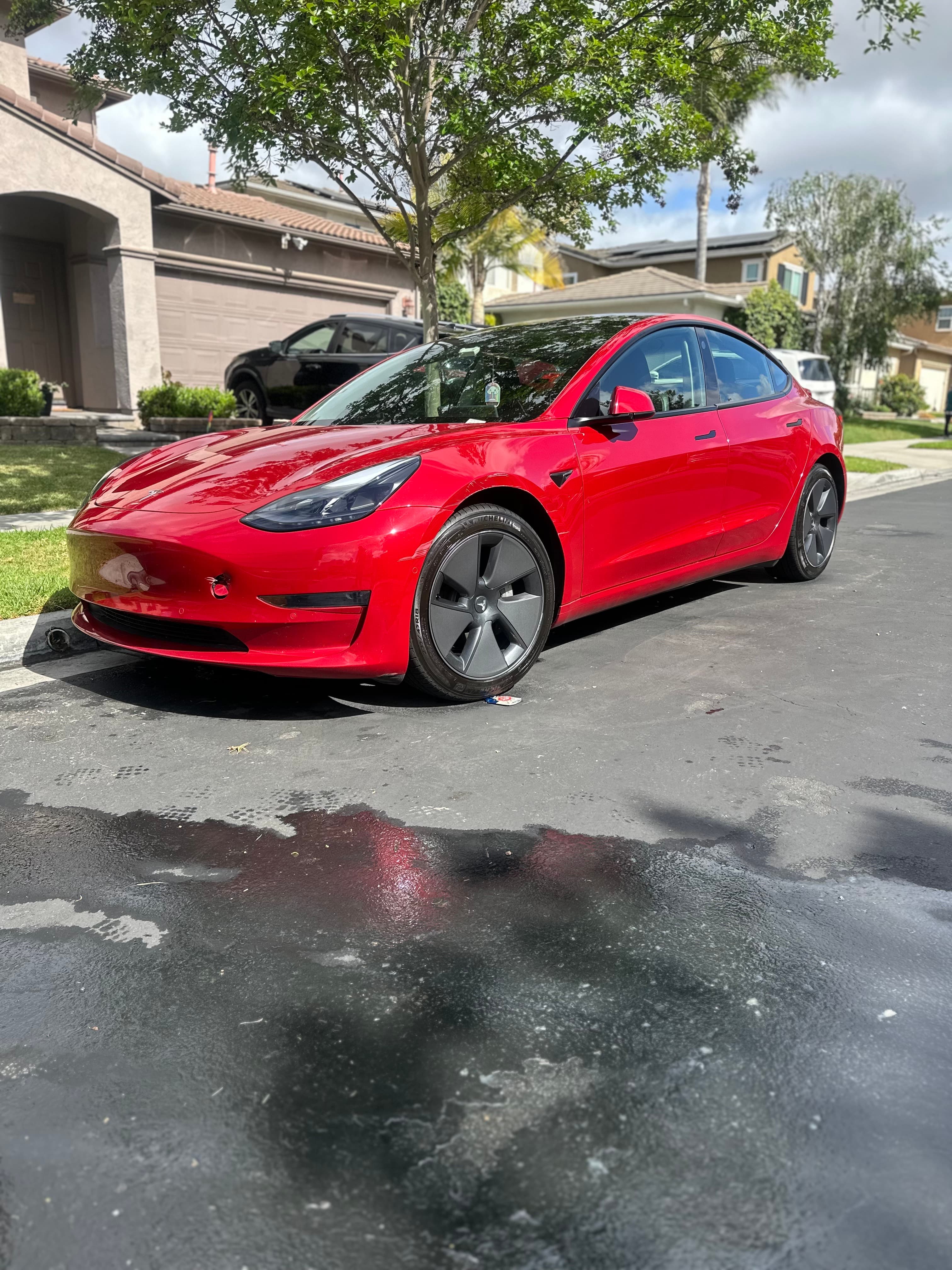 Red Tesla Model 3 parked on a sunny suburban street, reflecting in a puddle.